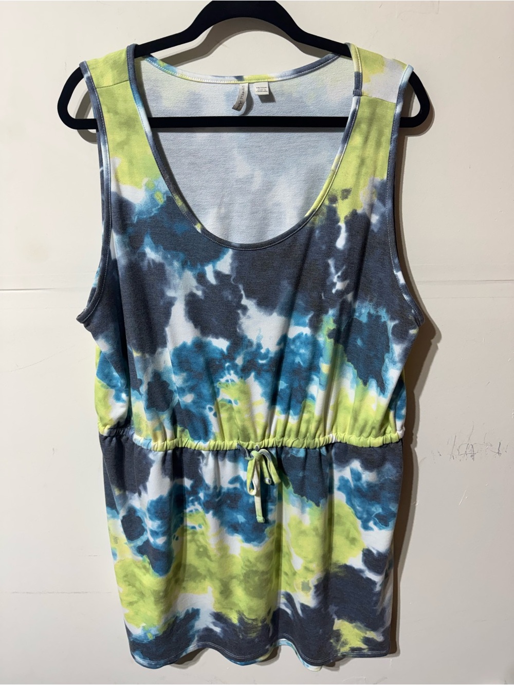 Sleeveless Tie-Dye Drawstring Tank Dress - Blue, Lime, Gray